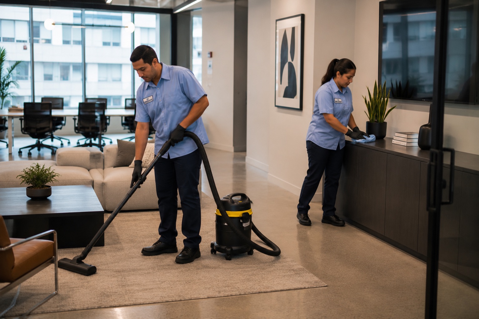 LA Maintenance technician vacuuming an office lounge rug while a teammate details the credenza