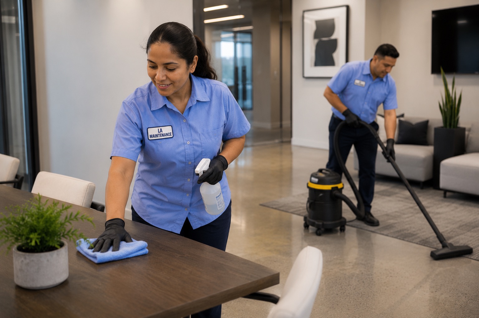Day porter wiping down a lobby table with a microfiber cloth during business hours