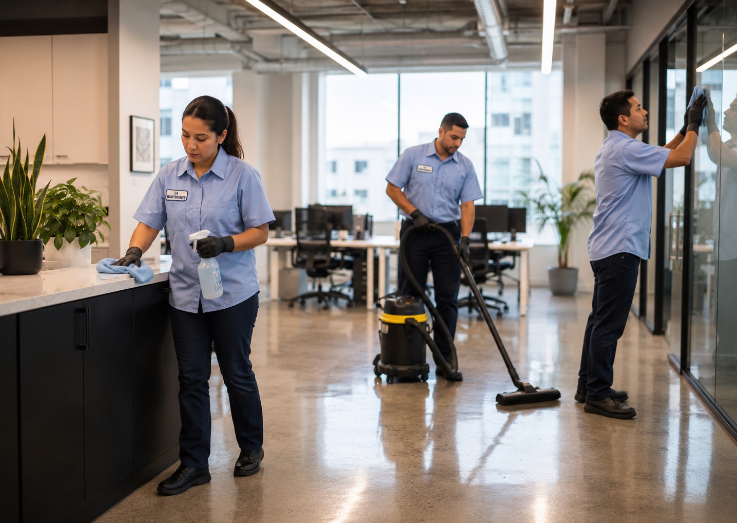 LA Maintenance crew cleaning a modern office — counters, floors, and glass partitions