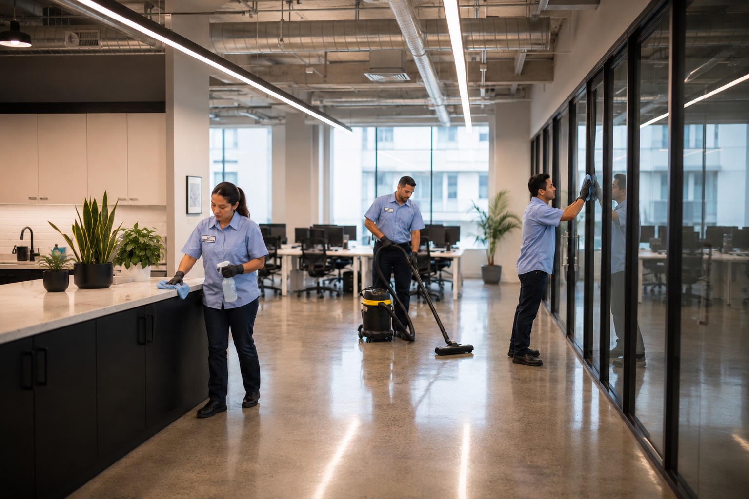 LA Maintenance crew cleaning a modern Los Angeles office
