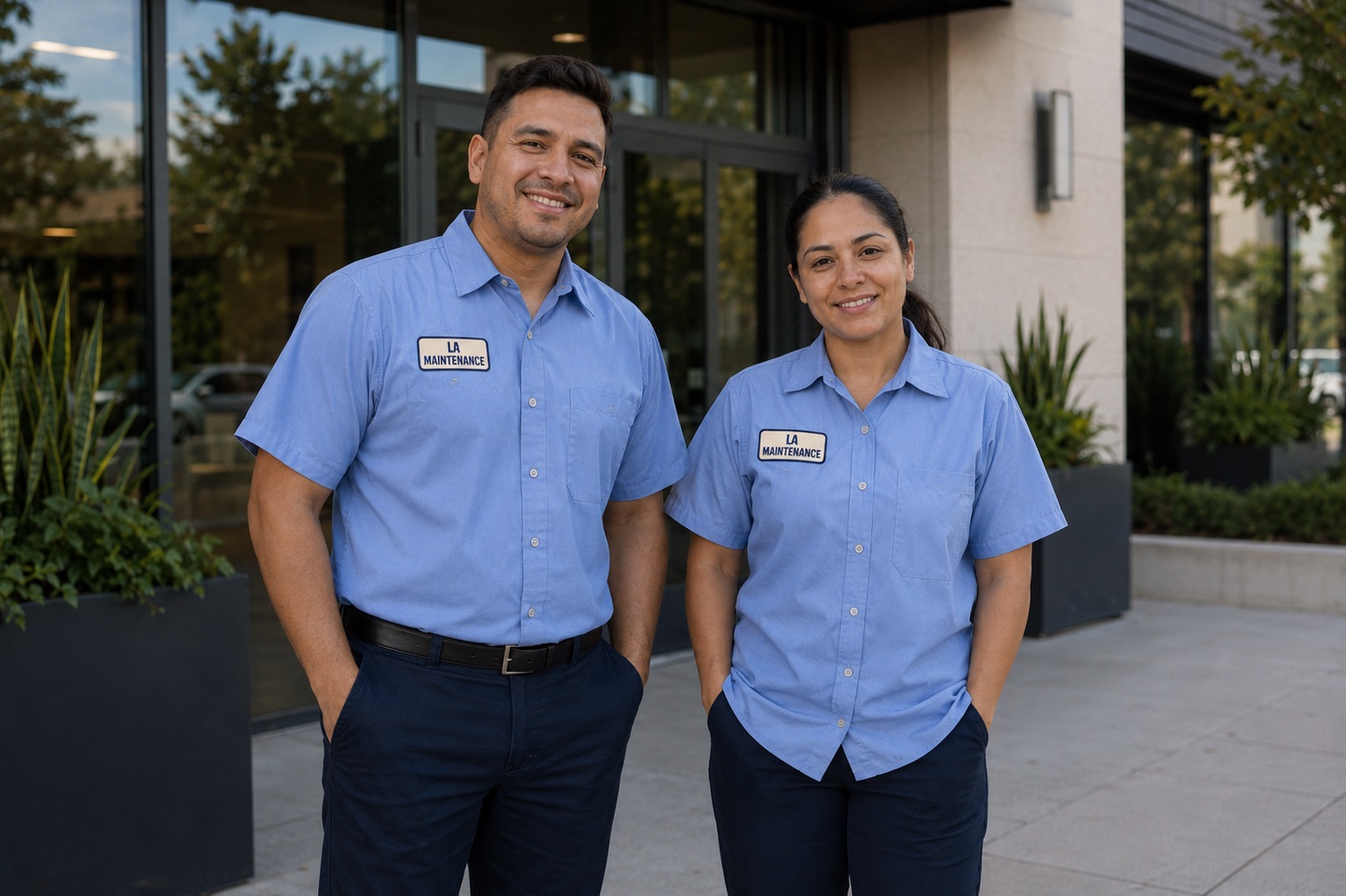 Two uniformed LA Maintenance crew members standing in front of a commercial building